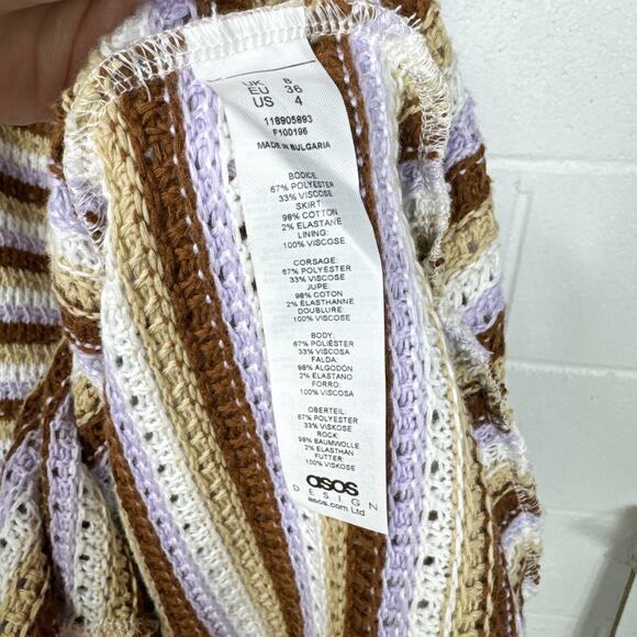 ASOS Crochet Maxi Dress Striped Size‎ 4 White Brown Purple 70s Retro Cut Out - Picture 9 of 9